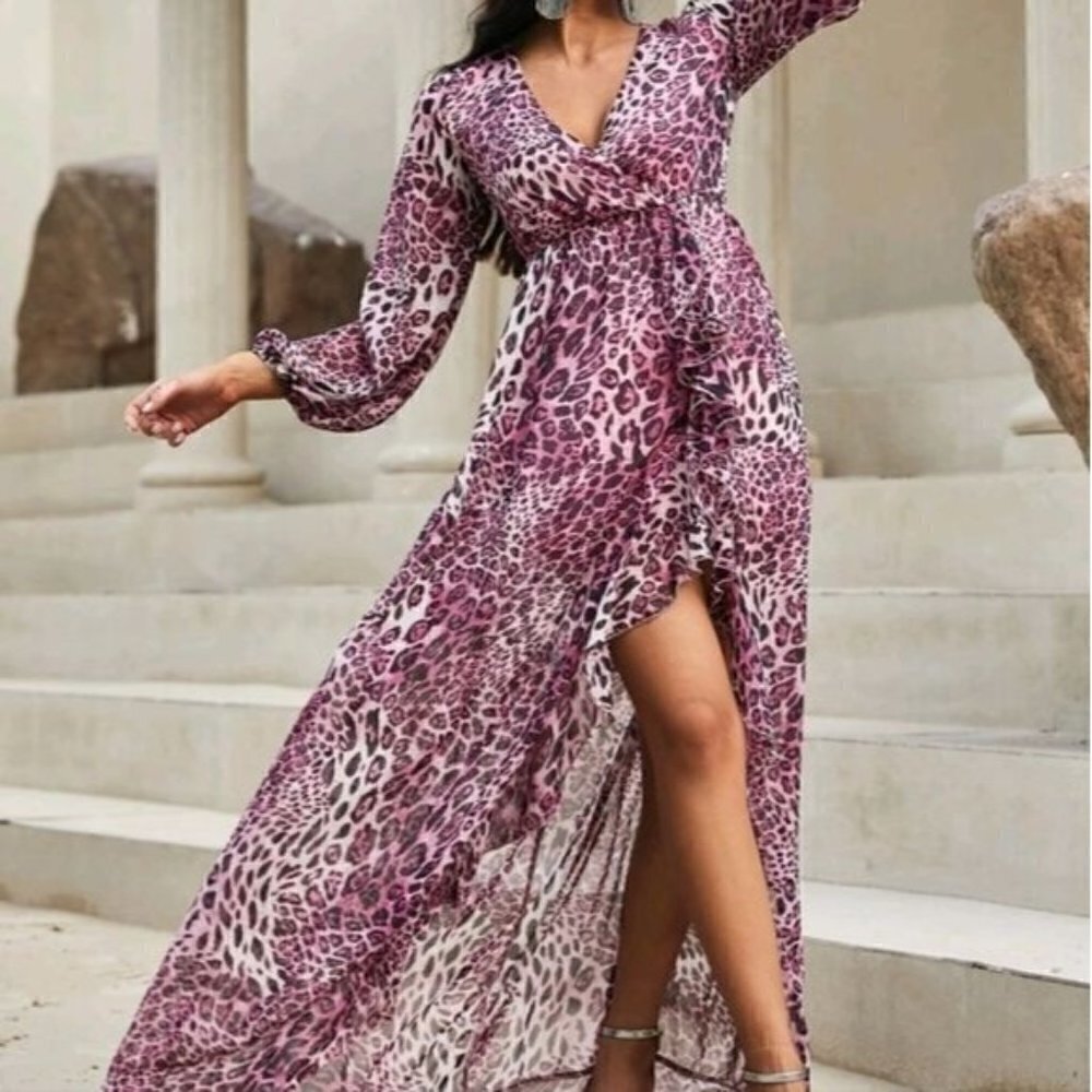 PURPLE LEOPARD BOHEMIAN, WRAP SPECIAL EVENT MAXI DRESS